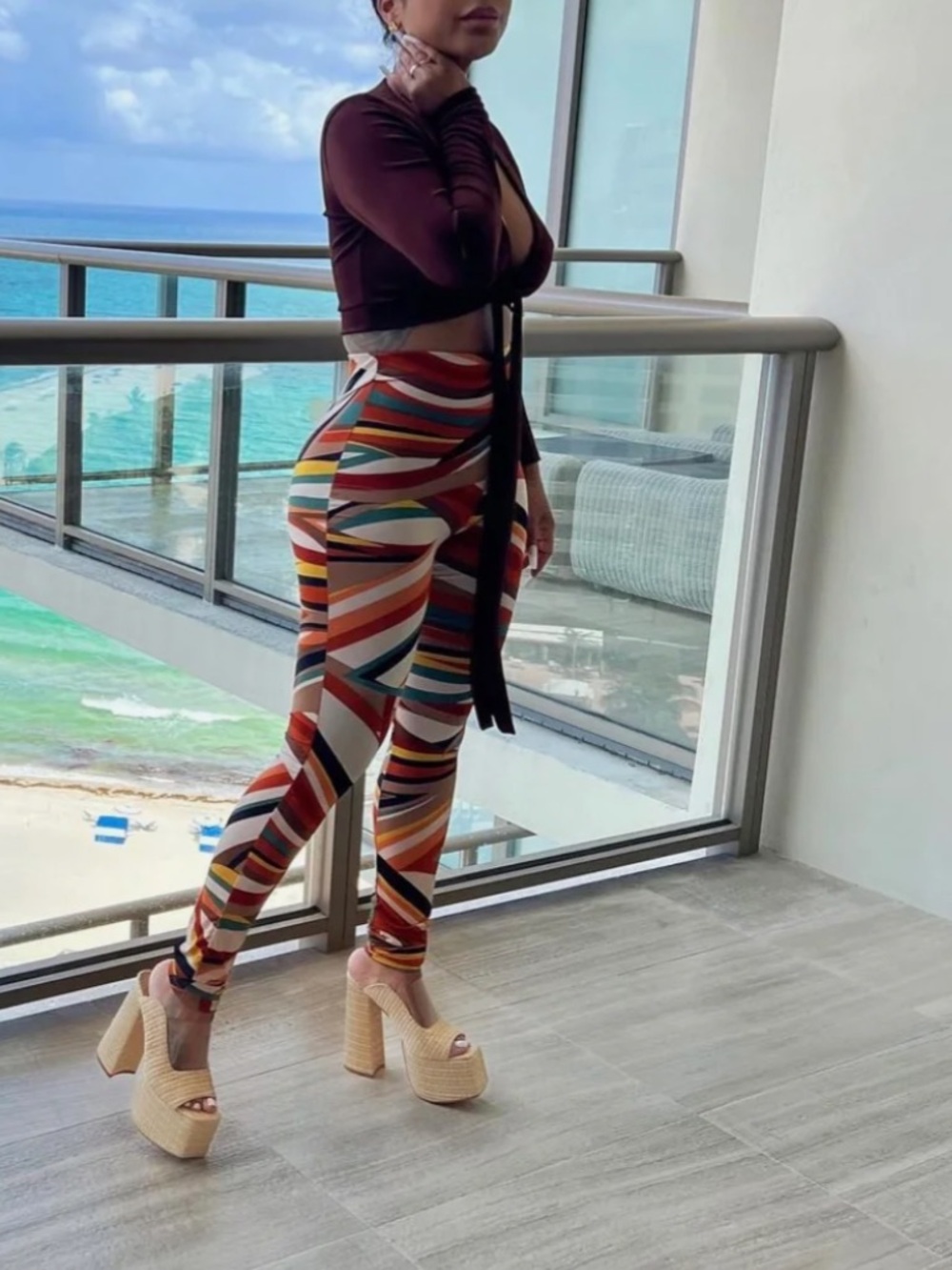 Camelot Brown Tie-Front Legging Set  with Multicolor Stripes
